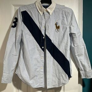 Polo by Ralph Lauren size medium boys, button-down, blue and white striped shirt